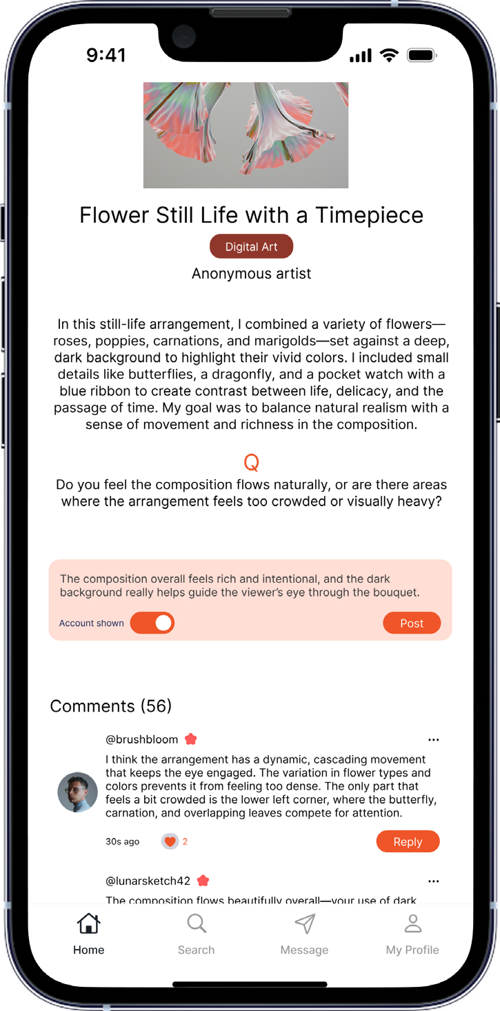 Artwork page with a highlighted orange feedback field and profile visibility option