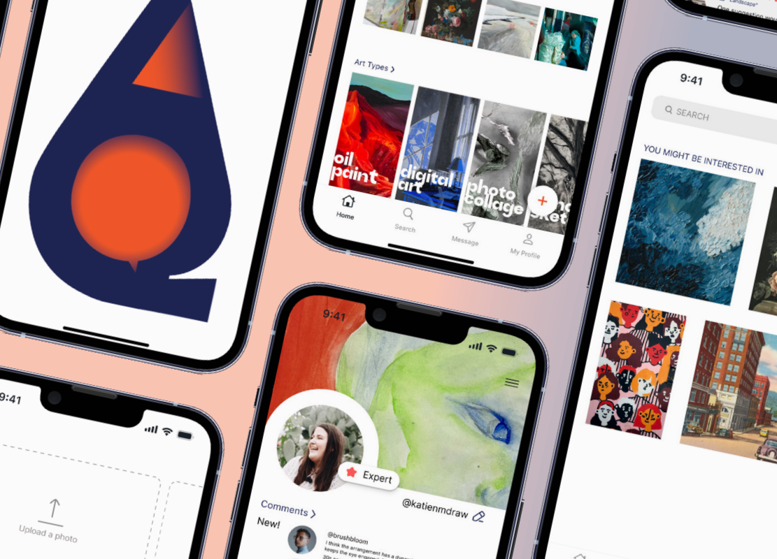 Collage of Artique mobile app screens from the original PDF, including the home feed, artist profile, and artwork gallery