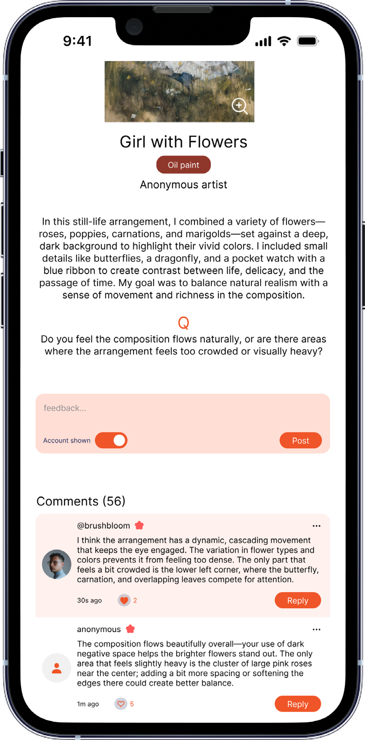 Artist profile displaying a level star, analytics, experience, and artwork gallery