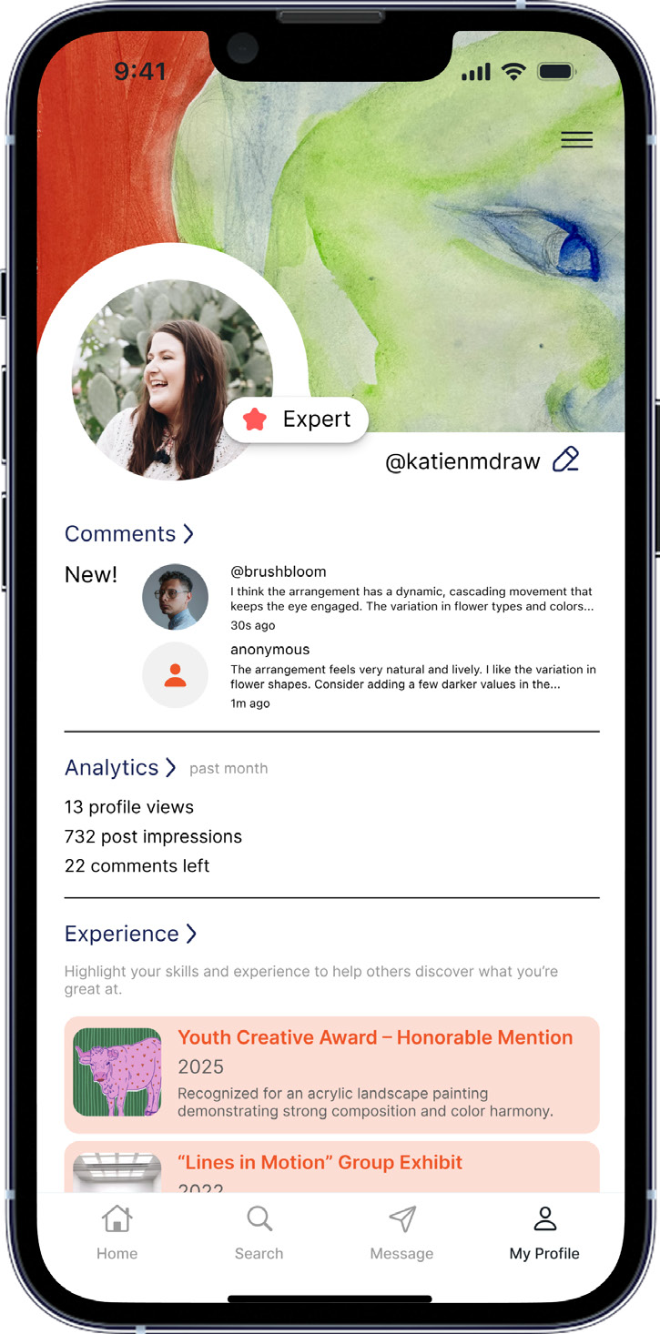 Feedback inbox with comments from other artists and their credibility indicators