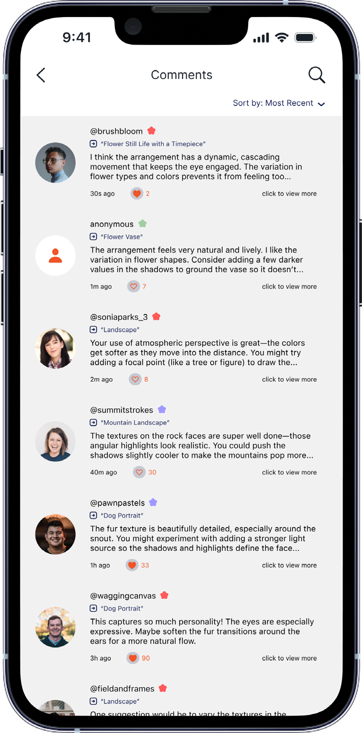 Artwork detail screen showing received feedback and an artist’s response