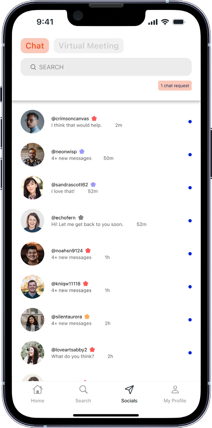 Socials chat list showing conversations with other artists