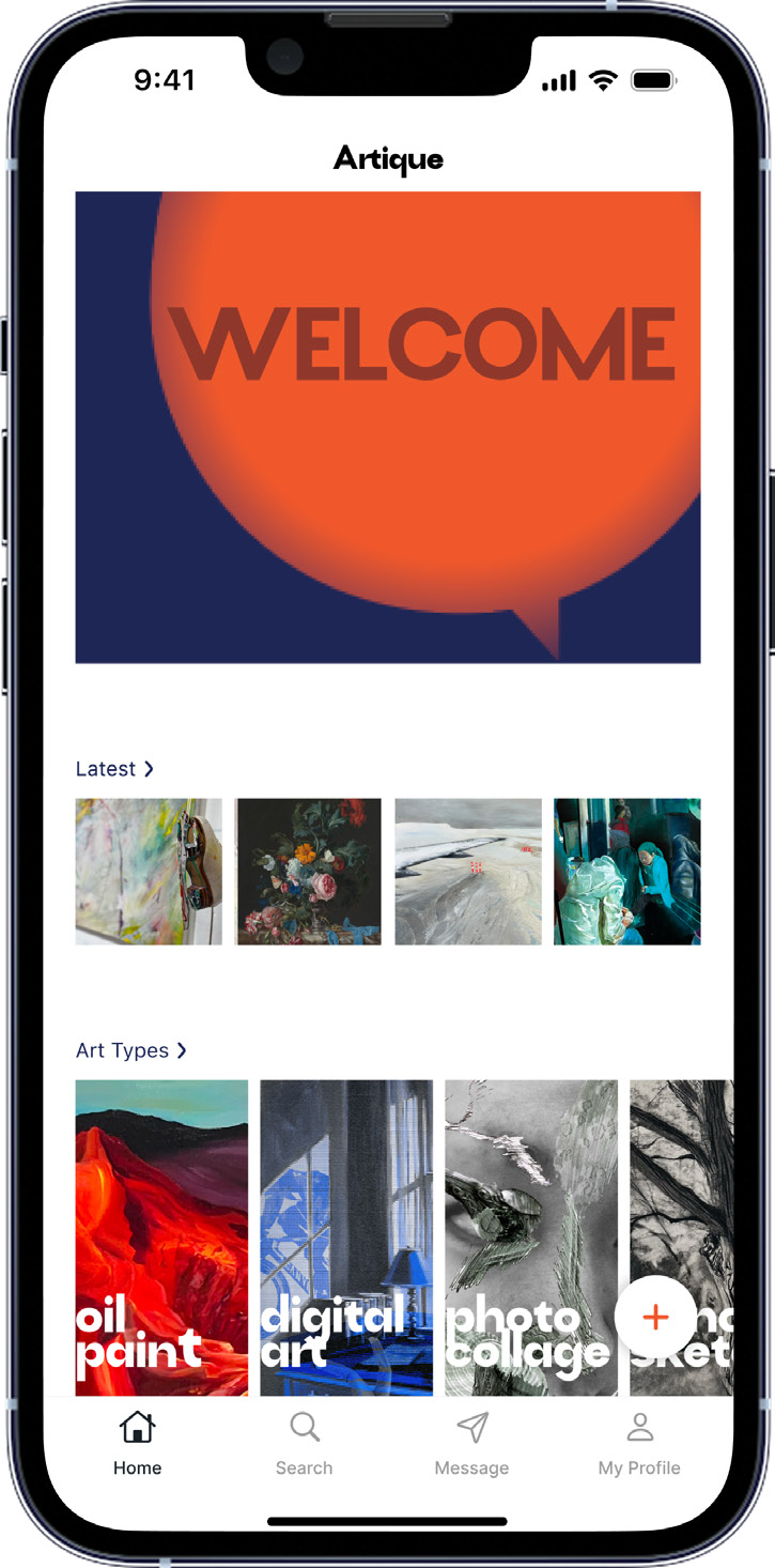 Artique home screen with a floating plus button for uploading artwork