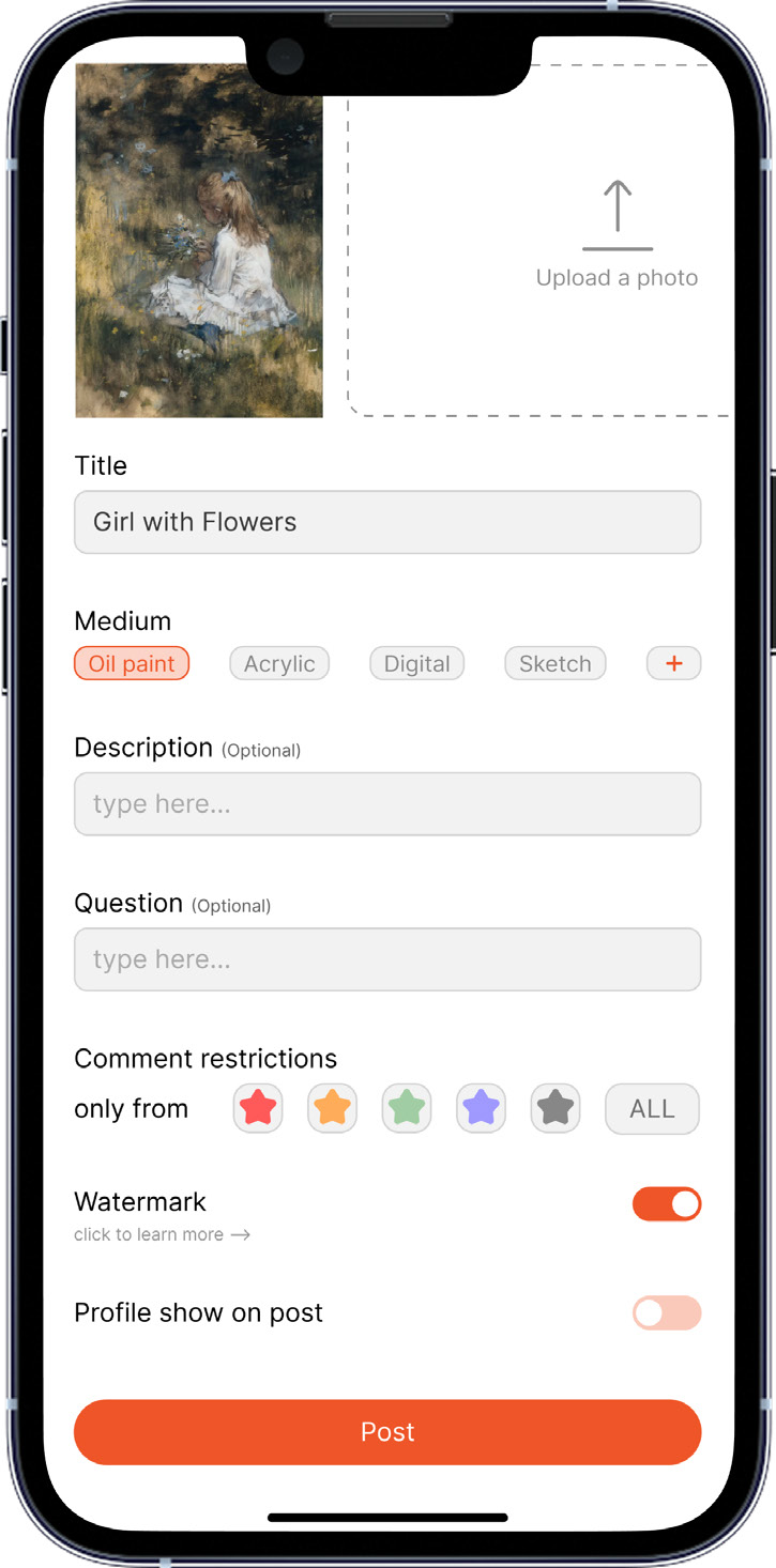 Upload form with artwork details, categories, comment restrictions, watermark, and profile visibility controls