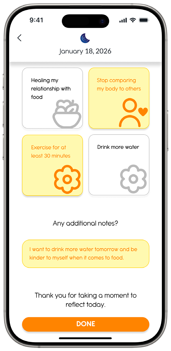 Filled-out reflection with large completed-goal buttons and additional notes
