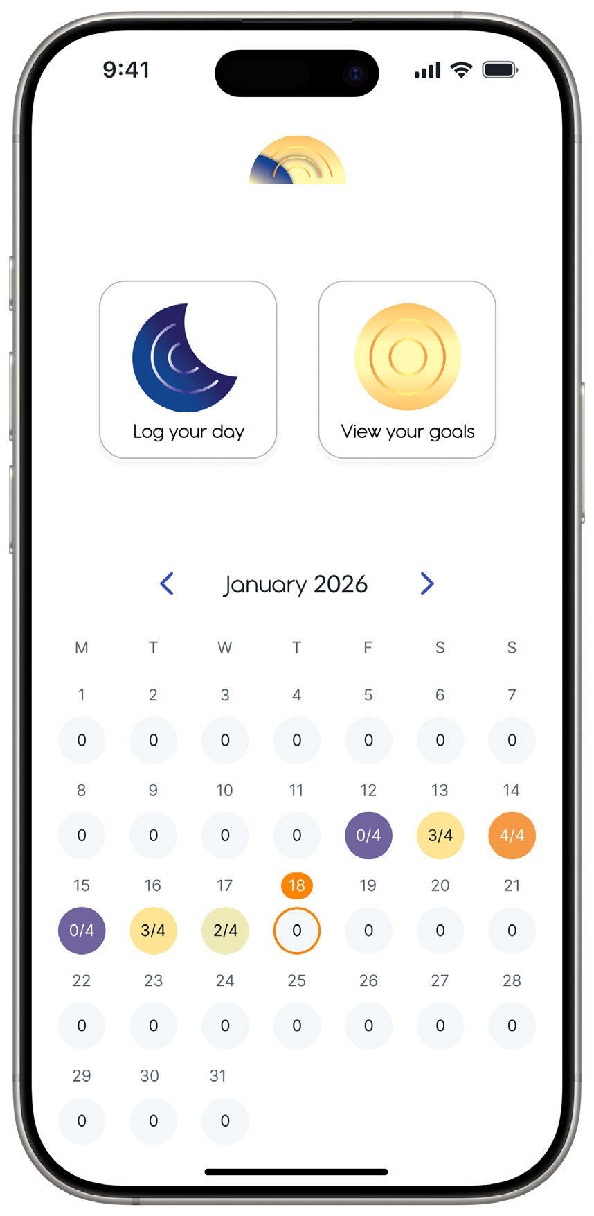 Cycle home screen with Log your day, View your goals, and a monthly calendar