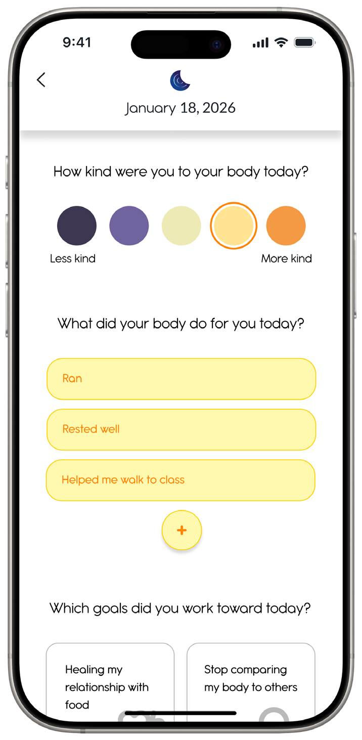 Daily reflection asking about kindness to the body, gratitude, and progress toward goals