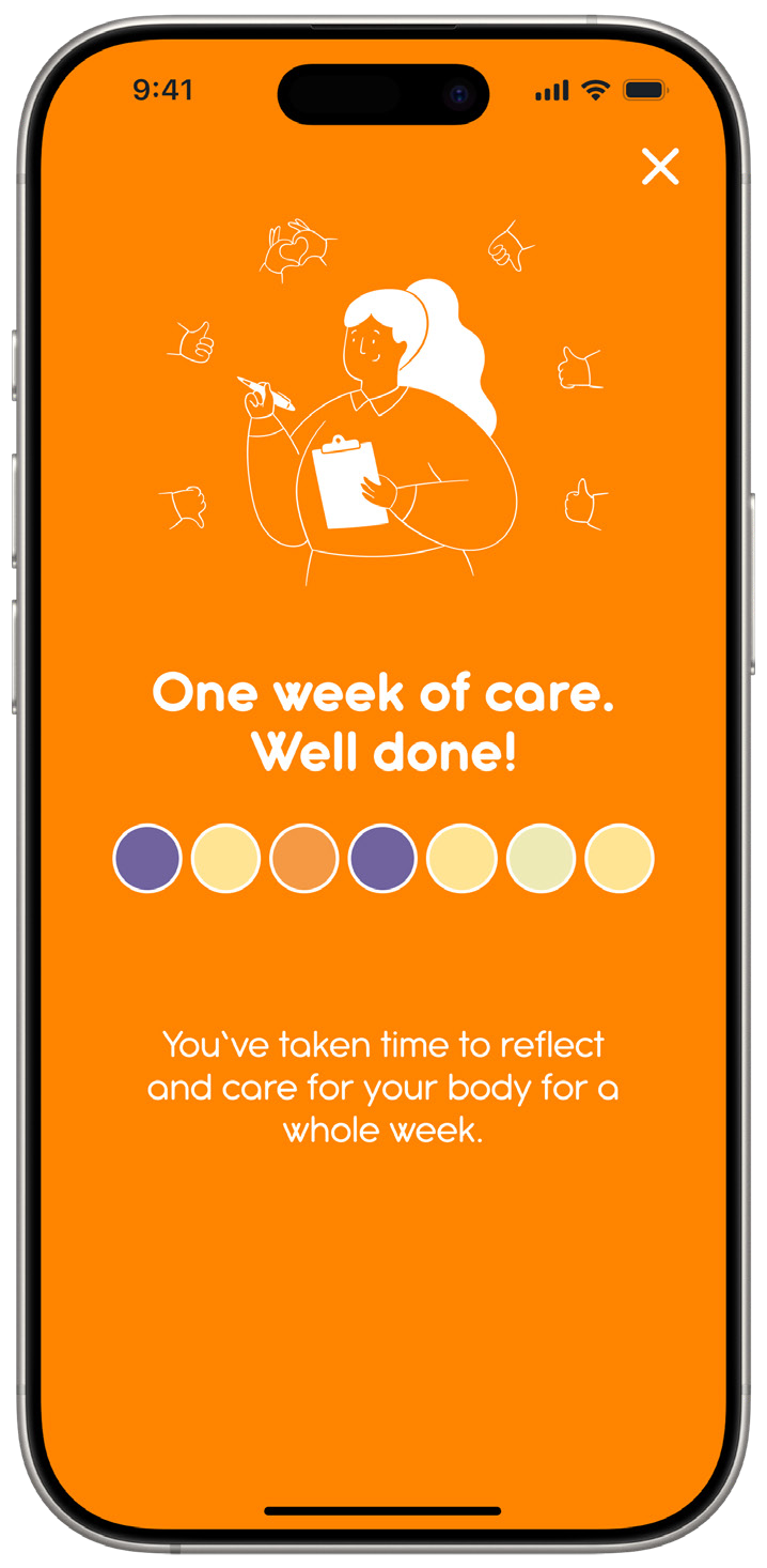 Orange Cycle completion screen celebrating one week of reflection with a weekly color summary and a supportive message