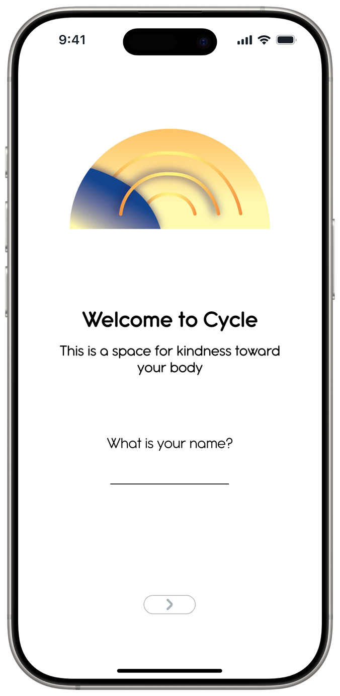 Cycle welcome screen with the rainbow logo, introductory message, and name input